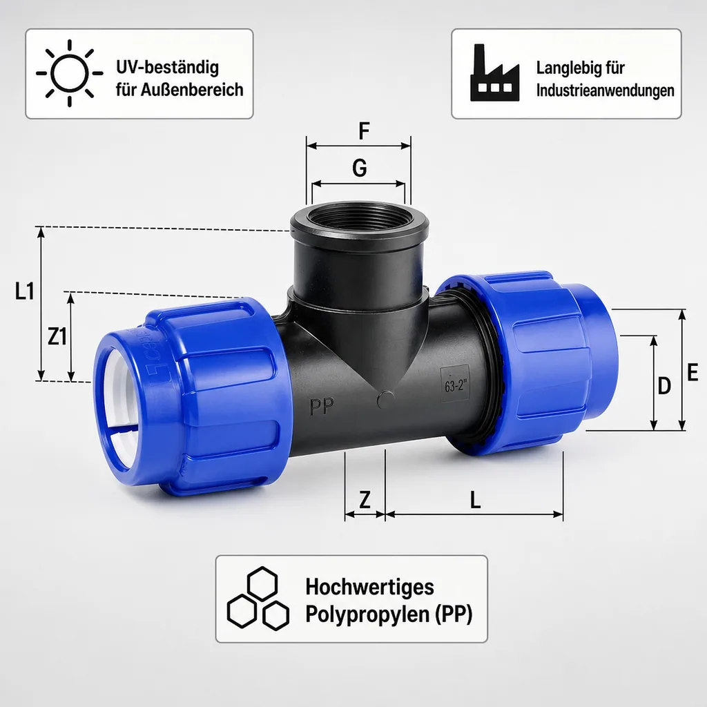PE Rohr Verschraubung, T-Stück 32mm, Klemmverschraubung