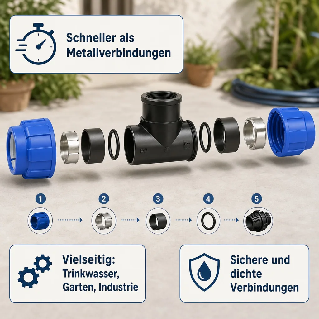 PE Rohr Verschraubung, T-Stück 32mm, Klemmverschraubung