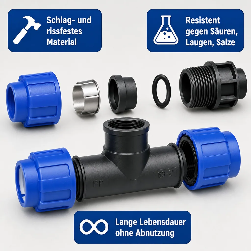 PE Rohr Verschraubung, T-Stück 32mm, Klemmverschraubung