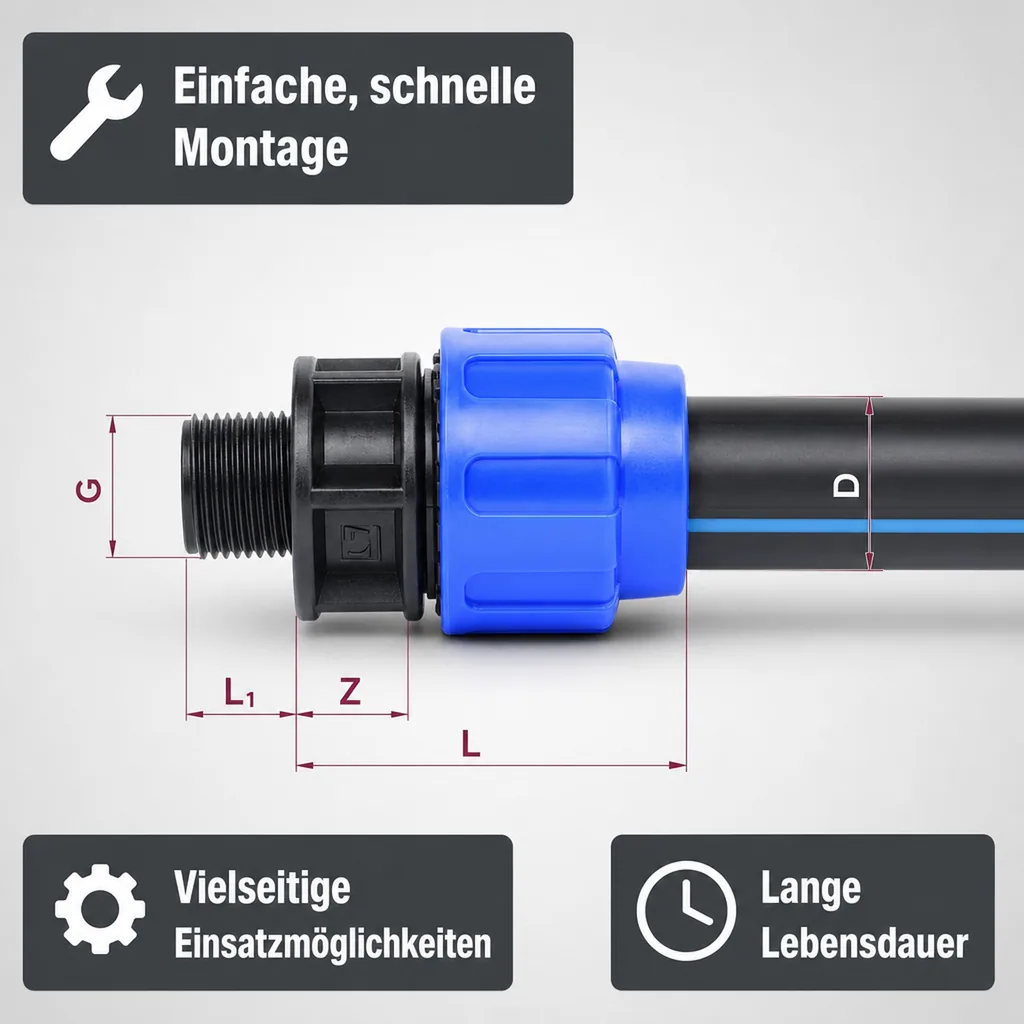 PE Rohr Verschraubung, 20mm x 1/2 Zoll AG, Klemmverschraubung für Trinkwasser