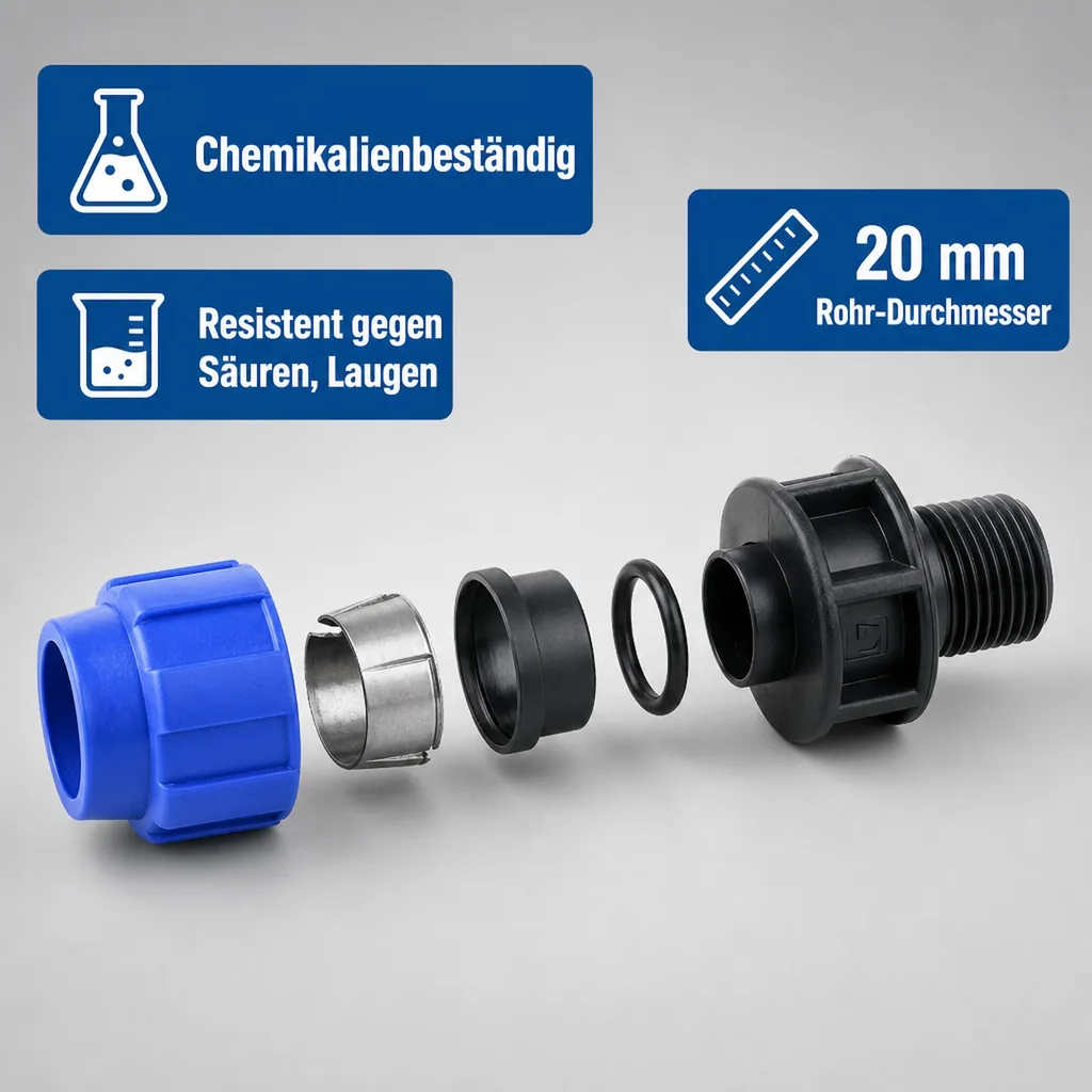 PE Rohr Verschraubung, 20mm x 1/2 Zoll AG, Klemmverschraubung für Trinkwasser