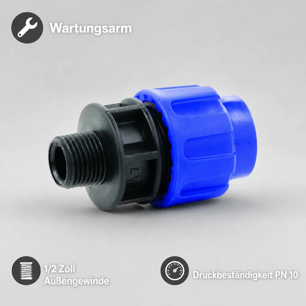 PE Rohr Verschraubung, 20mm x 1/2 Zoll AG, Klemmverschraubung für Trinkwasser