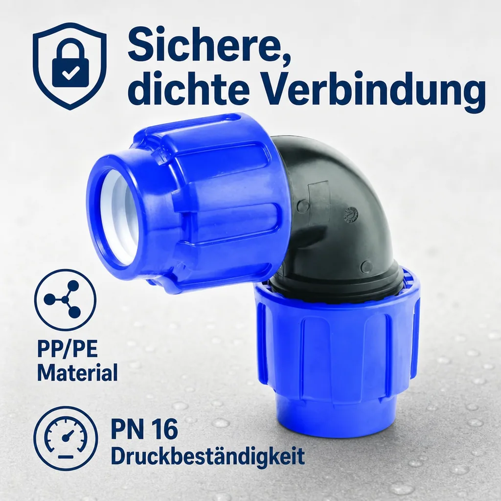 PE Rohr Verschraubung 90° Winkel 20mm, 2 Verschraubungen, 20x20, Klemmfitting, Trinkwasser