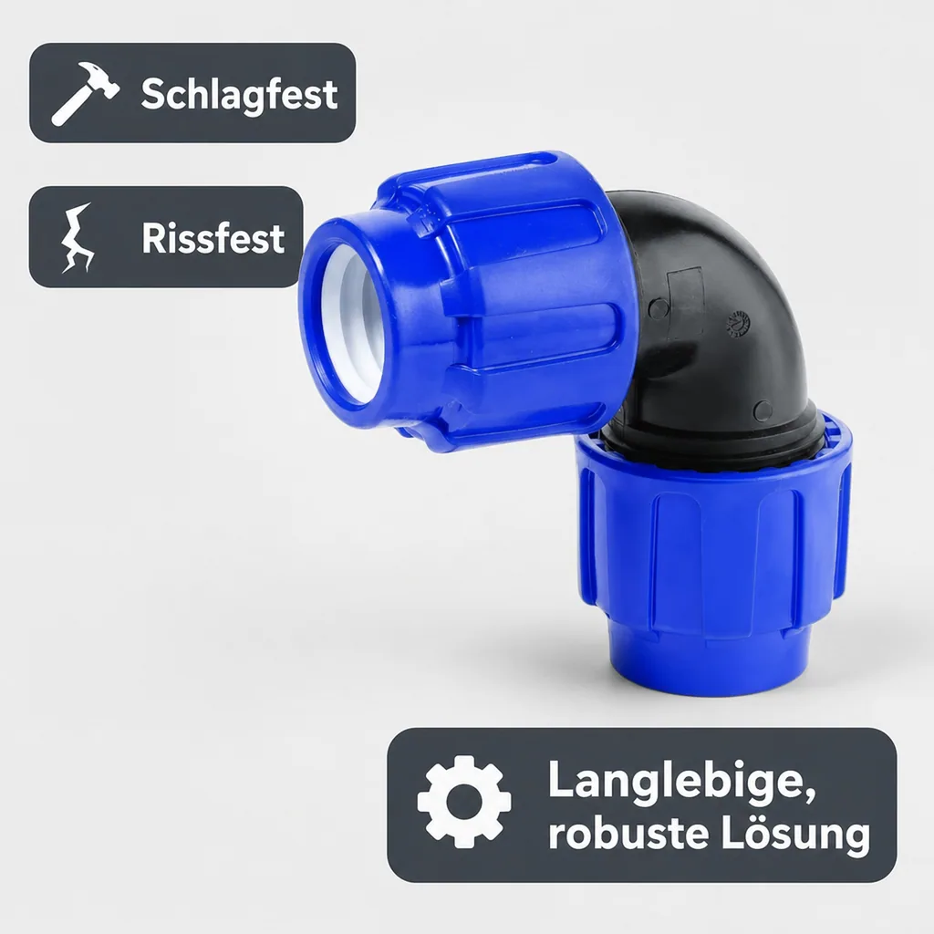 PE Rohr Verschraubung 90° Winkel 20mm, 2 Verschraubungen, 20x20, Klemmfitting, Trinkwasser