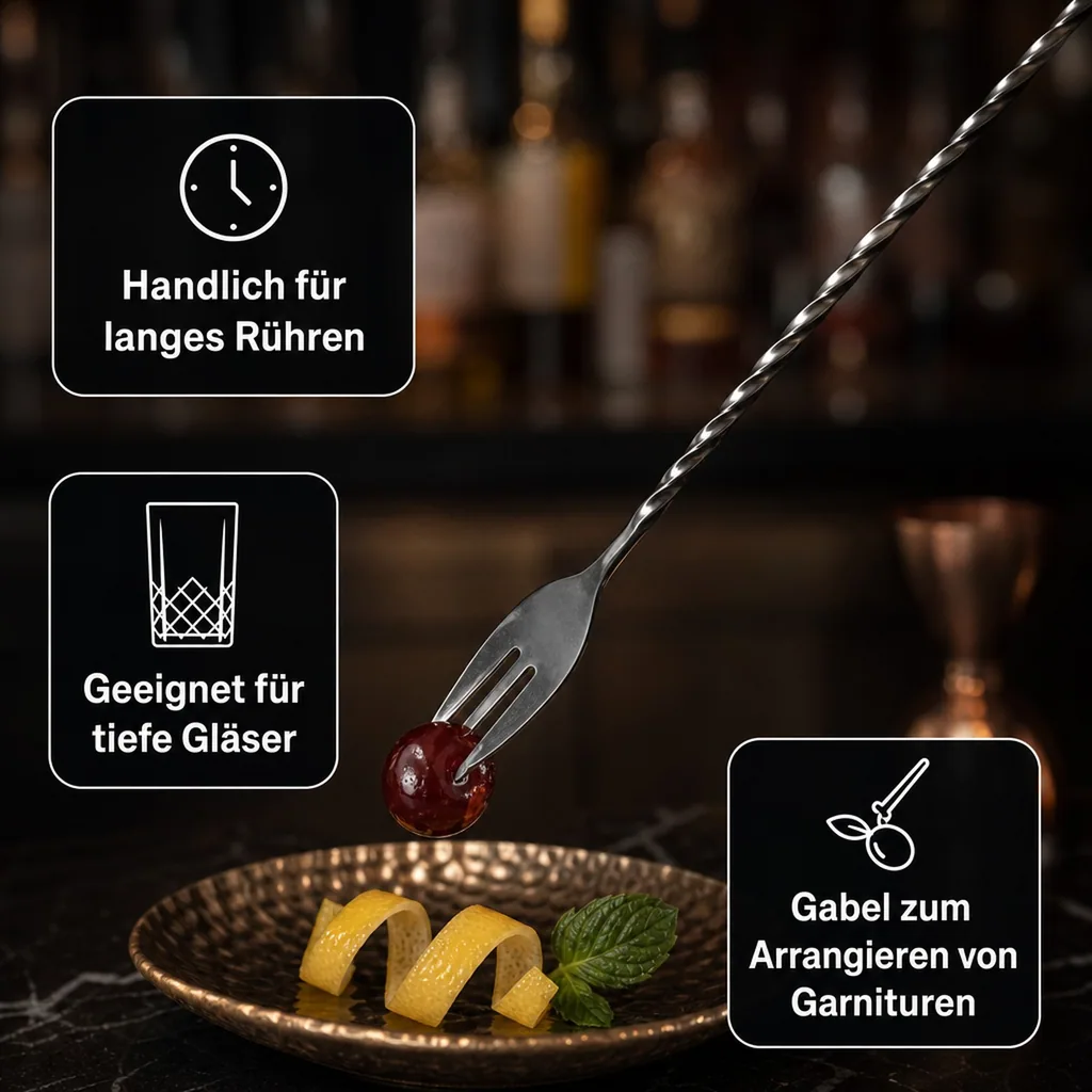 Barlöffel mit Gabel - POSEIDON, 40cm, Edelstahl, GMB, Gunmetal black