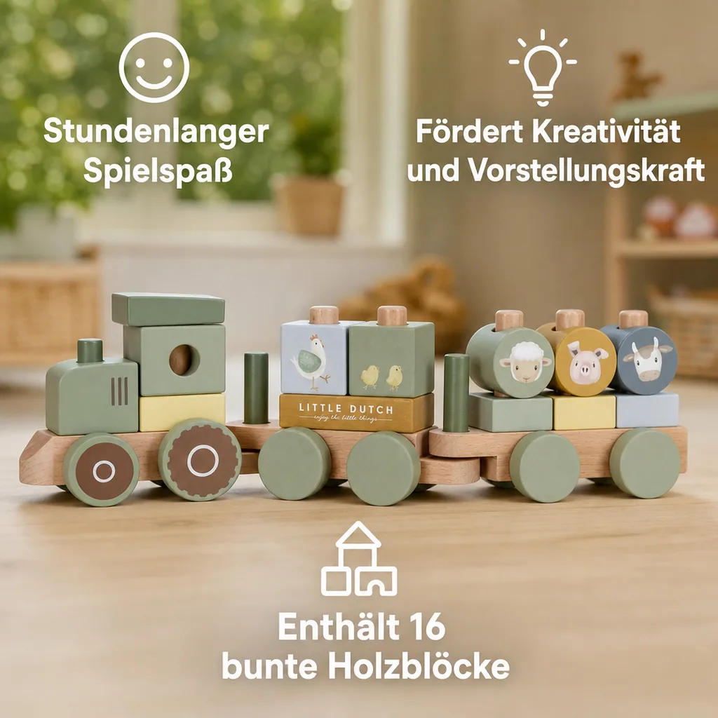 Little Dutch Holzeisenbahn, Spielzeugeisenbahn mit Steck-Formen Traktor Little Farm, 44x12,5x7,8