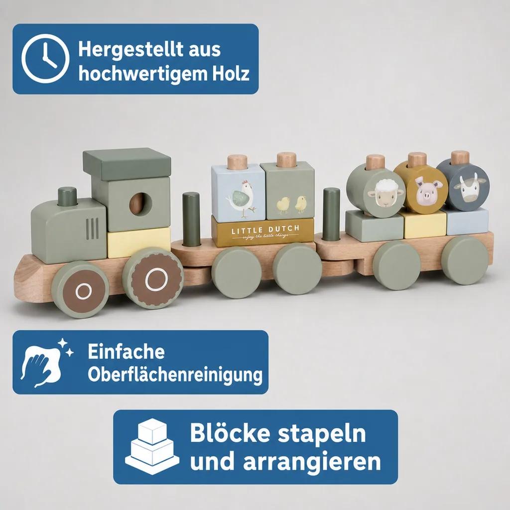 Little Dutch Holzeisenbahn, Spielzeugeisenbahn mit Steck-Formen Traktor Little Farm, 44x12,5x7,8