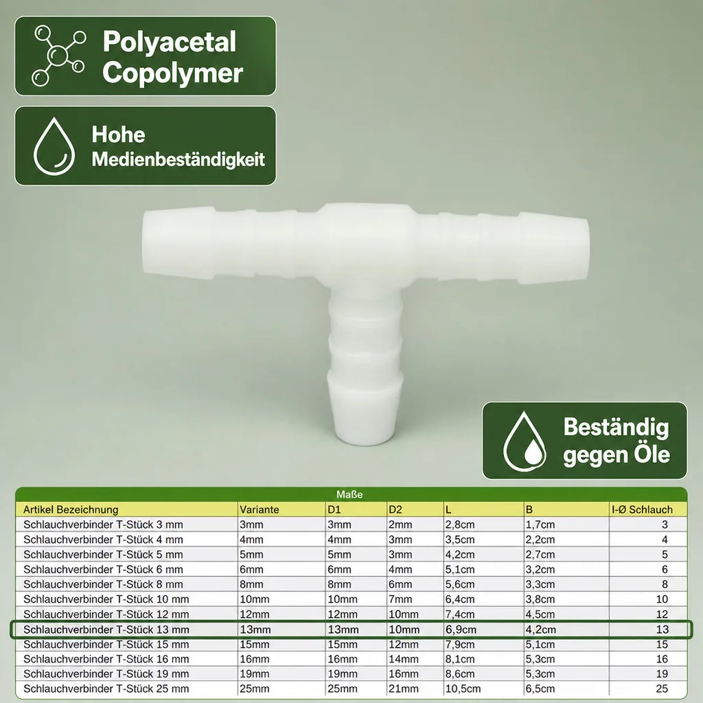 Schlauchverbinder 13mm, Kunststoff T-Stück, Schlauchkupplung