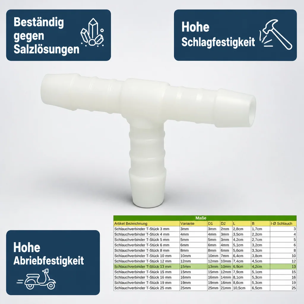 Schlauchverbinder 13mm, Kunststoff T-Stück, Schlauchkupplung