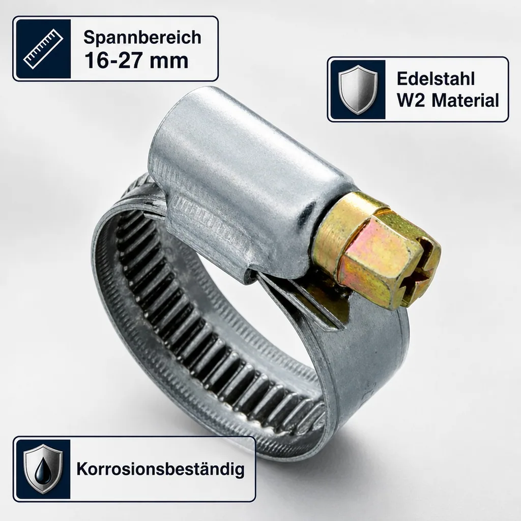 Edelstahl Schlauchschellen W2, 9 mm, 16-27 mm, DIN 3017