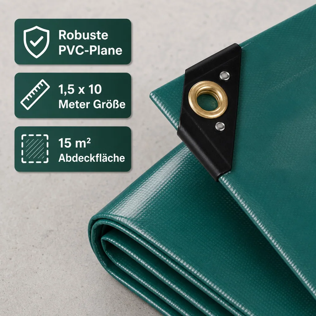 PVC Plane, Abdeckplane, 650g, grün 1,5 x 10m (15m²), wasserdicht, reißfest