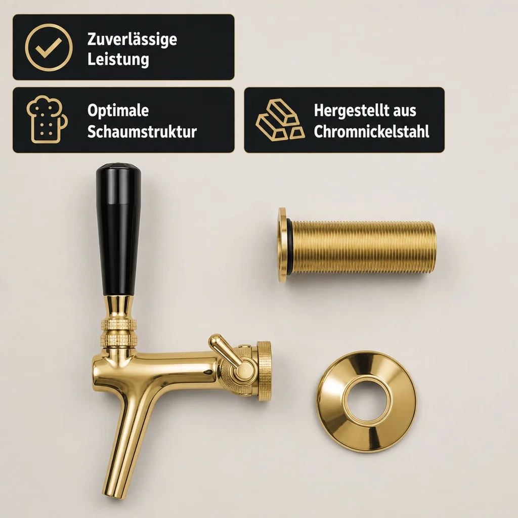 Zapfhahn, Kompensatorhahn, Bierzapfhahn, Schankhahn aus Chromnickelstahl mit Edelstahl Kompensator, Goldfarben