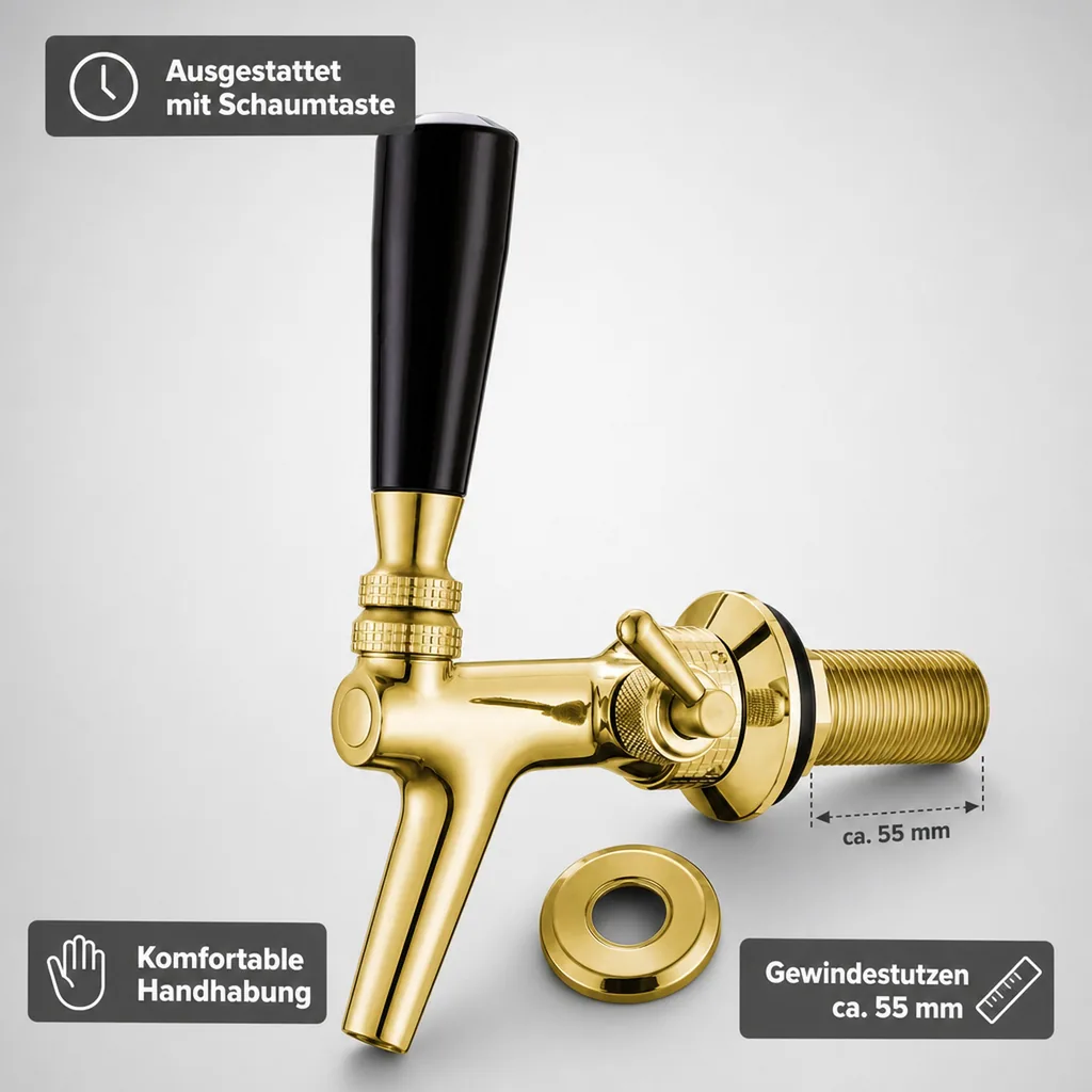 Zapfhahn, Kompensatorhahn, Bierzapfhahn, Schankhahn aus Chromnickelstahl mit Edelstahl Kompensator, Goldfarben