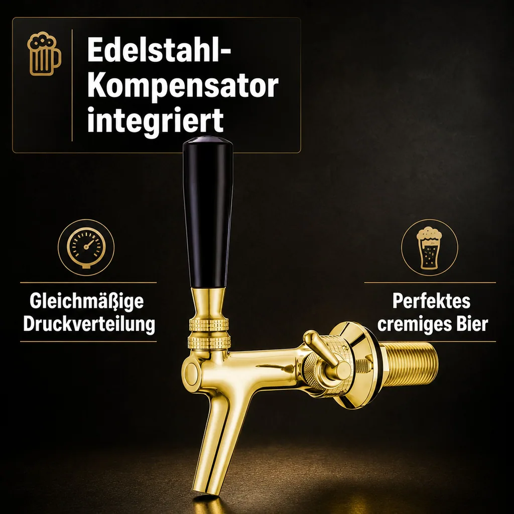 Zapfhahn, Kompensatorhahn, Bierzapfhahn, Schankhahn aus Chromnickelstahl mit Edelstahl Kompensator, Goldfarben