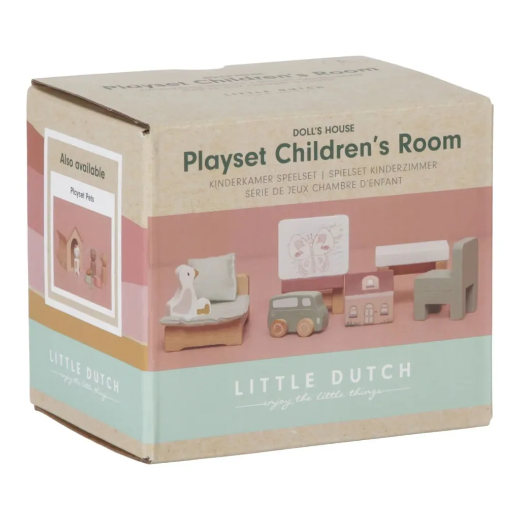 Little Dutch Puppenhaus Kinderzimmer: Möbel Set aus Holz mit Bett, Tisch & Spielzeug - Puppenstube erweitern