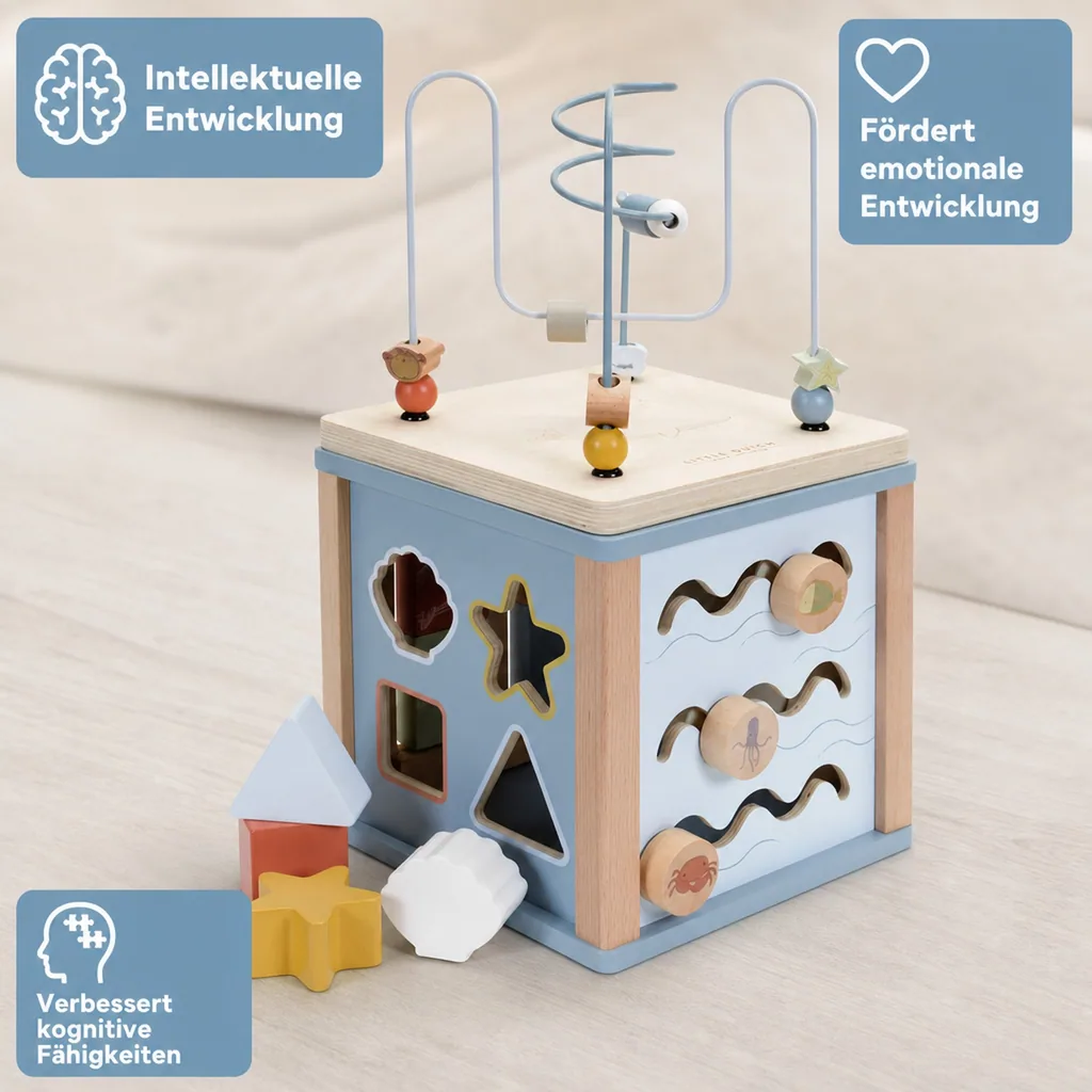 Little Dutch Aktivitätswürfel Ocean: Motorikwürfel aus Holz mit Formensortierer, Puzzle & Perlenspirale
