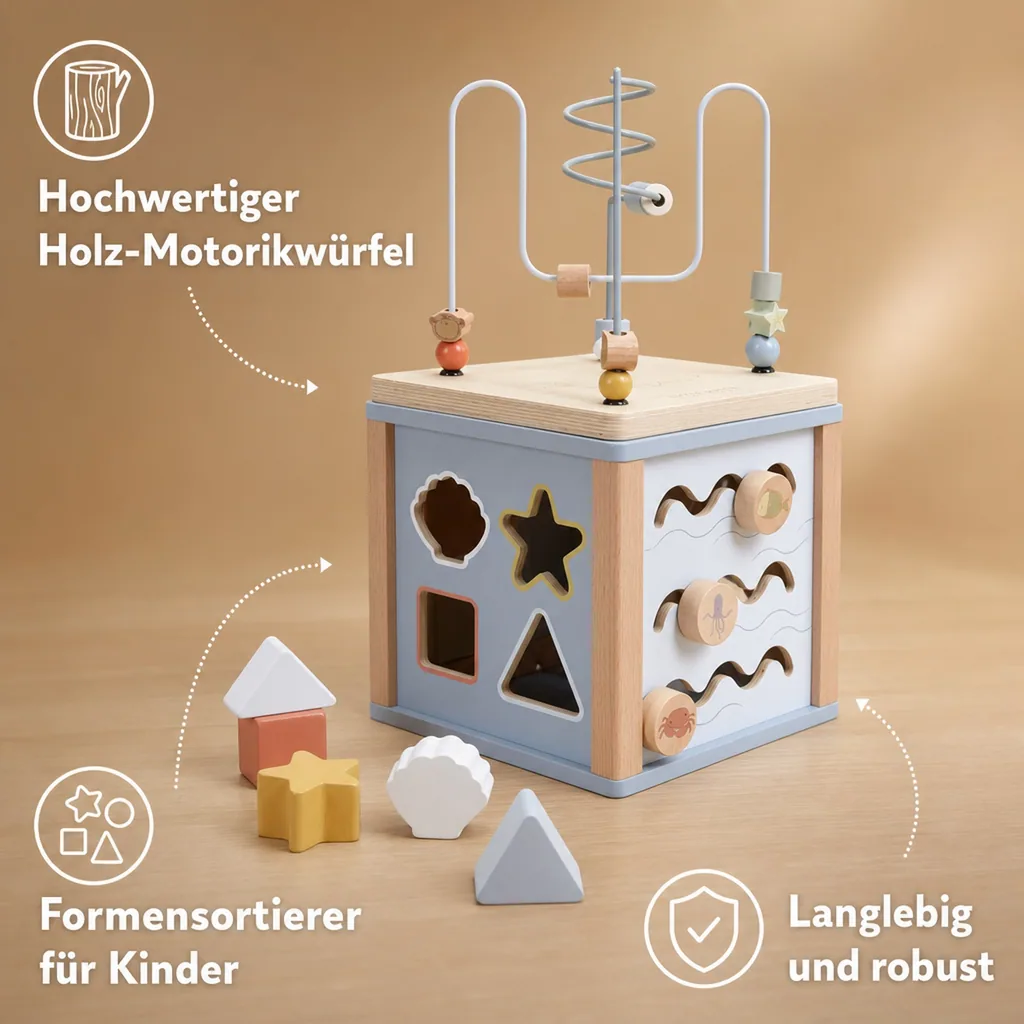 Little Dutch Aktivitätswürfel Ocean: Motorikwürfel aus Holz mit Formensortierer, Puzzle & Perlenspirale
