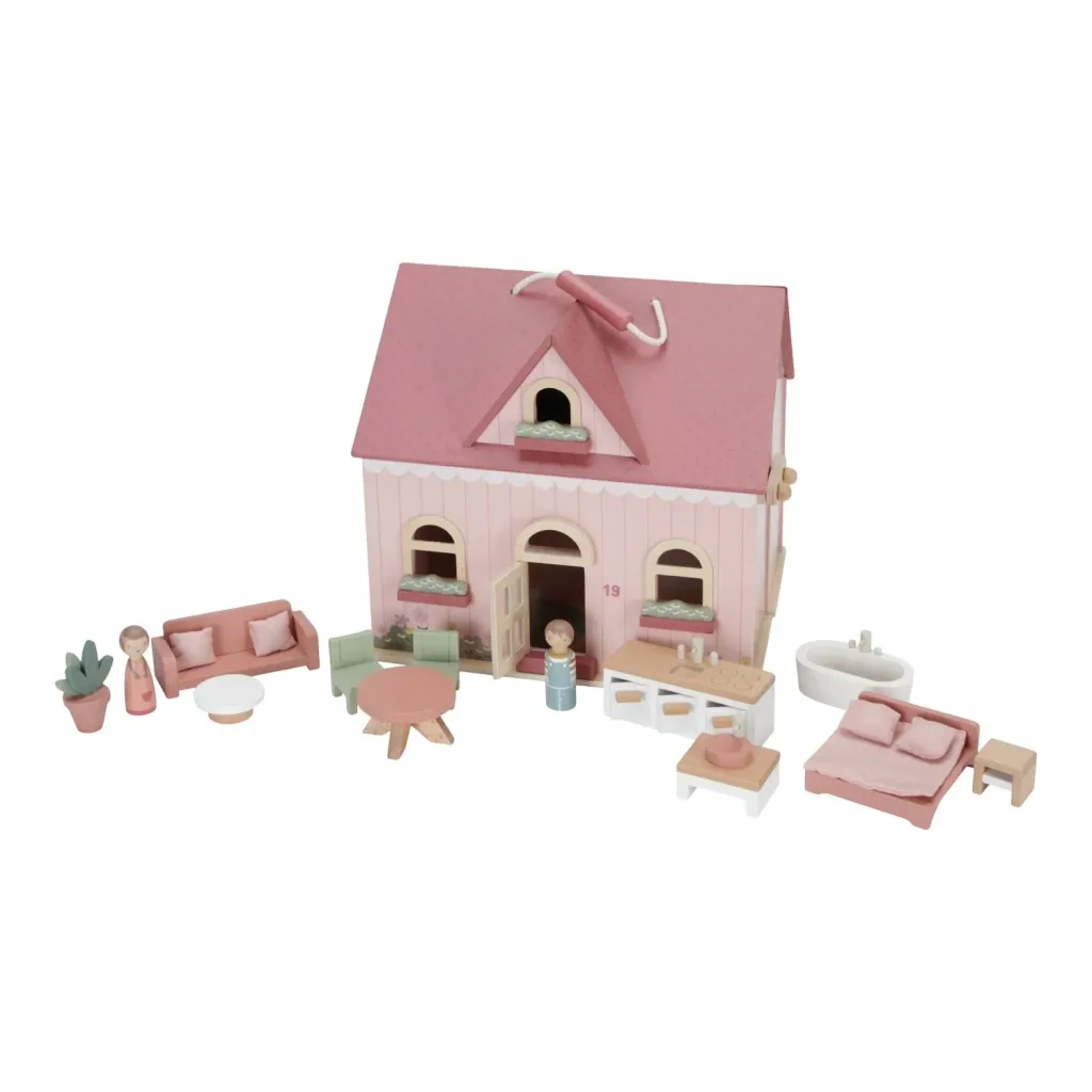 Little Dutch Puppenhaus Holz: Tragbares Holzpuppenhaus mit Möbeln & Tragegriff (ab 3 Jahren)