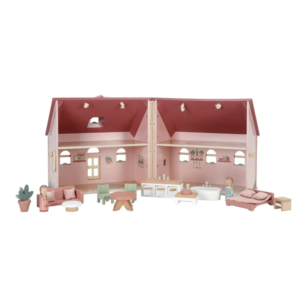 Little Dutch Puppenhaus Holz: Tragbares Holzpuppenhaus mit Möbeln & Tragegriff (ab 3 Jahren)
