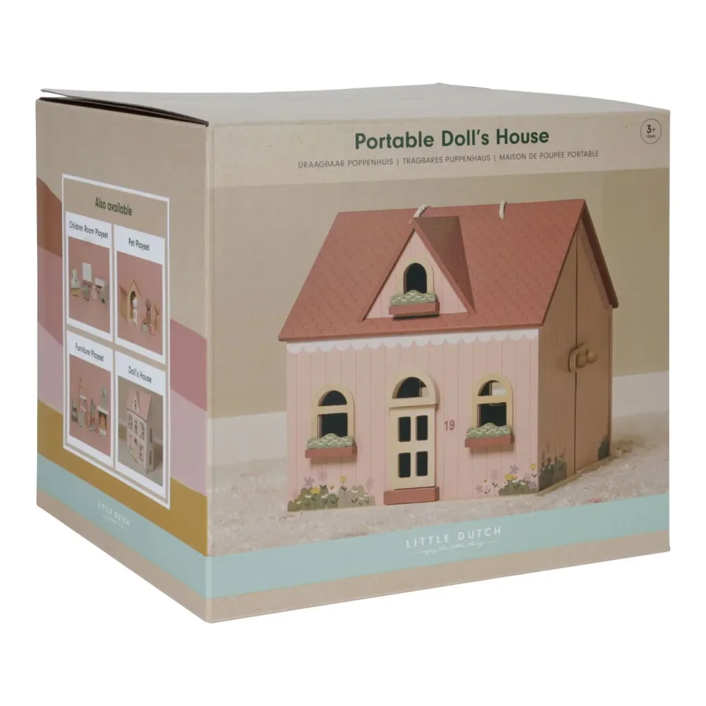 Little Dutch Puppenhaus Holz: Tragbares Holzpuppenhaus mit Möbeln & Tragegriff (ab 3 Jahren)