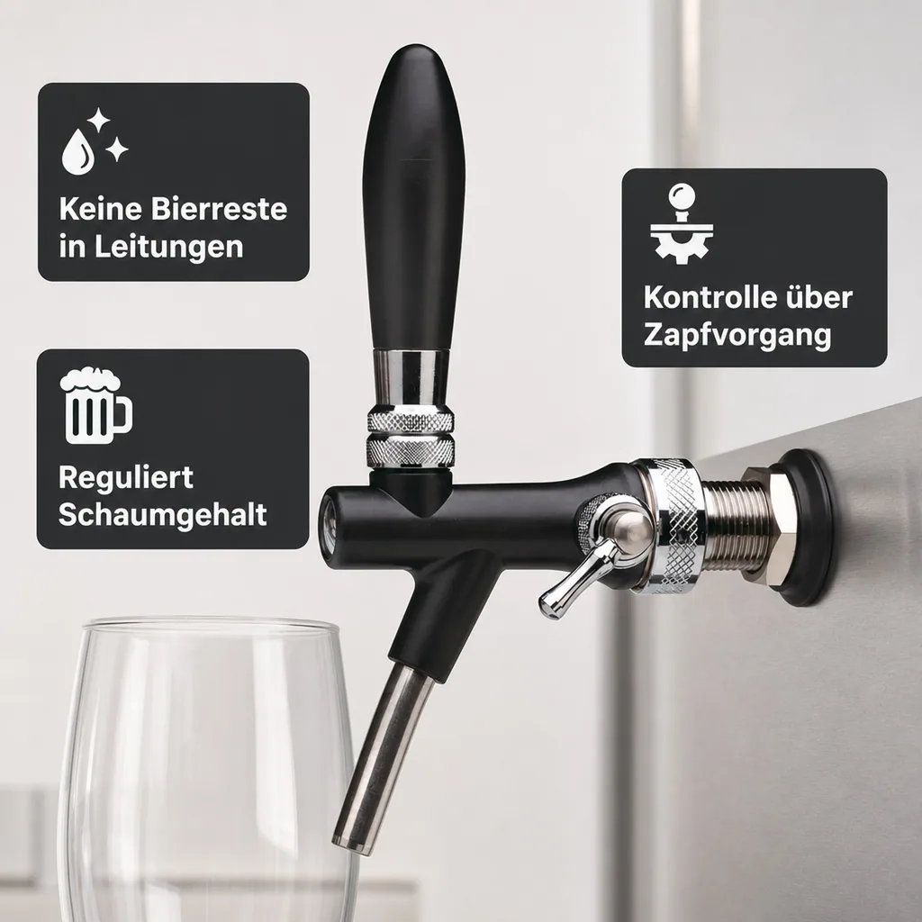 Zapfhahn, Kompensatorhahn, Bierzapfhahn, Schankhahn aus Chromnickelstahl und ABS-Kunststoff, Schwarz