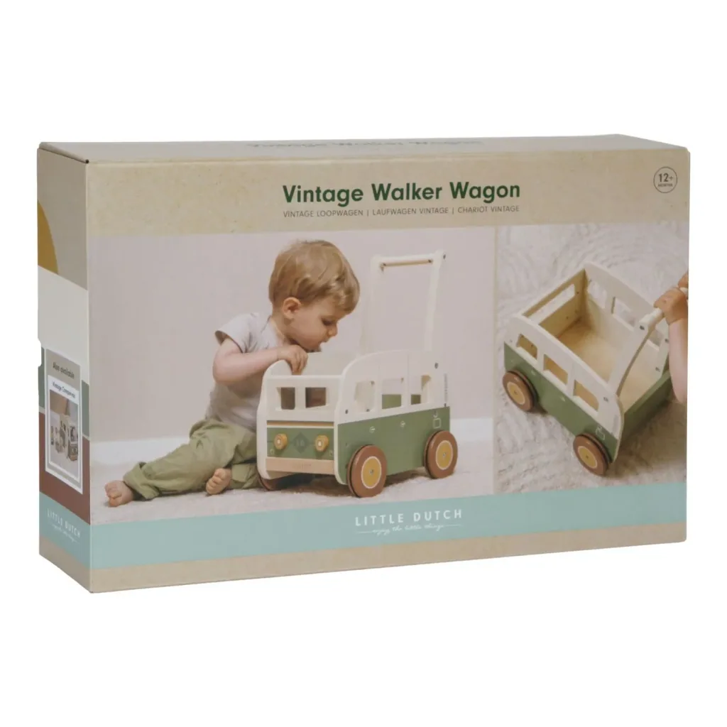 Little Dutch Lauflernwagen Holz Vintage Bus: Gehfrei & Spielzeugkiste mit Gummirädern - Motorik fördern (ab 18 Monaten)