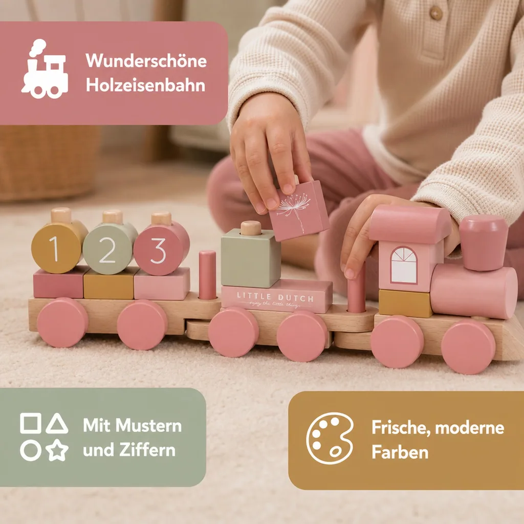 Little Dutch Holzeisenbahn, Spielzeugeisenbahn mit Steck-Formen, Wild Flowers - Steckspielzeug mit Formen & Zahlen
