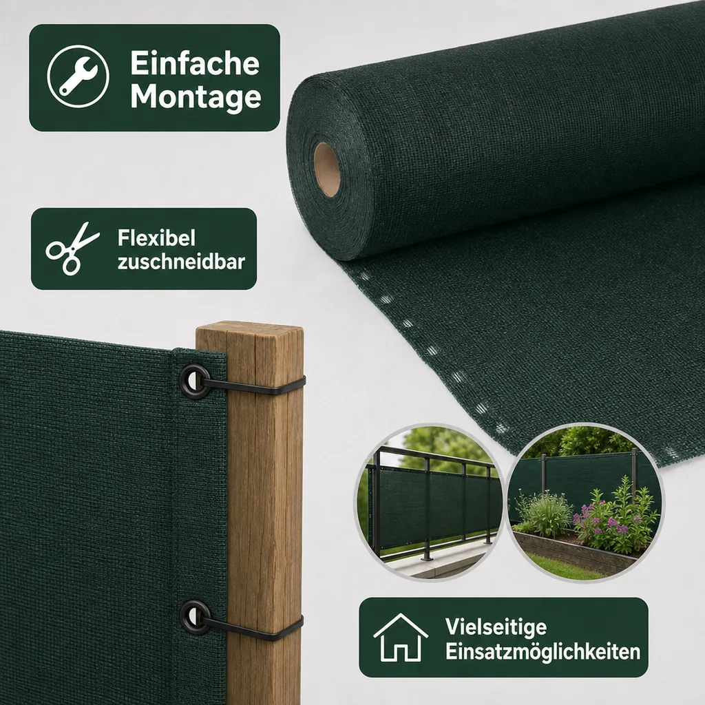 Sichtschutznetz, Windschutznetz, Gartenzaun, 1,8m Breite, 1m Meterware, grün