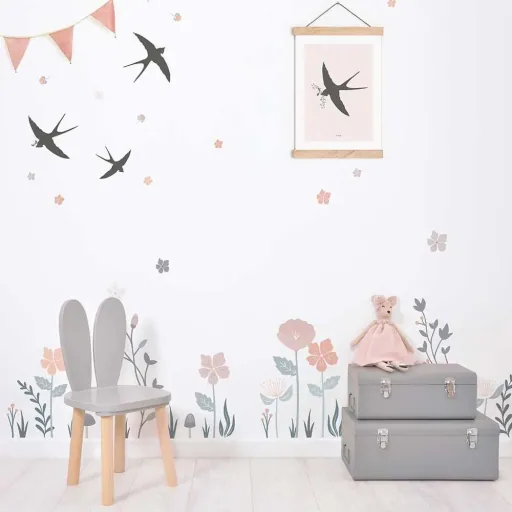 Lilipinso Wandsticker A3 Schwalben und Blüten schwarz rosa