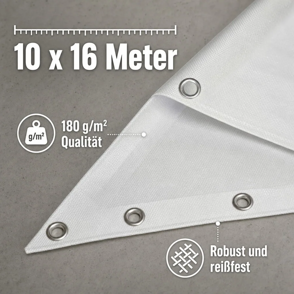 Abdeckplane 10x16m (160m²) weiß, 180 g/m², wasserdicht und UV-beständig
