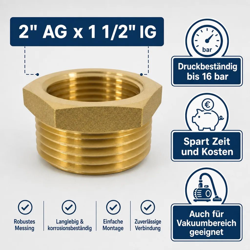 Messing Reduzierstück, Gewindefitting, 2" AG x 1 1/2" IG, Sanitär, Heizung
