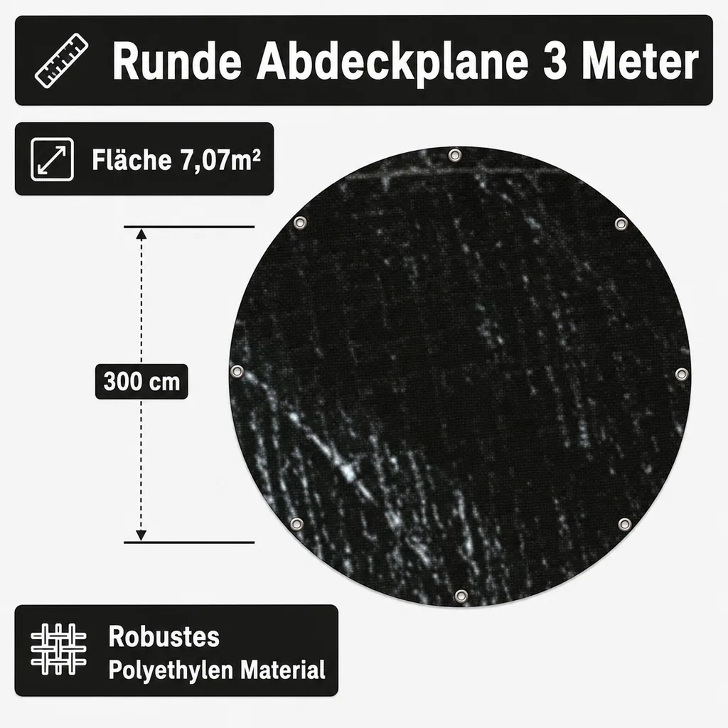 Abdeckplane, 210g/m², wasserdicht, reißfest, UV-stabil, runde Plane 3 Meter (7,07m²)