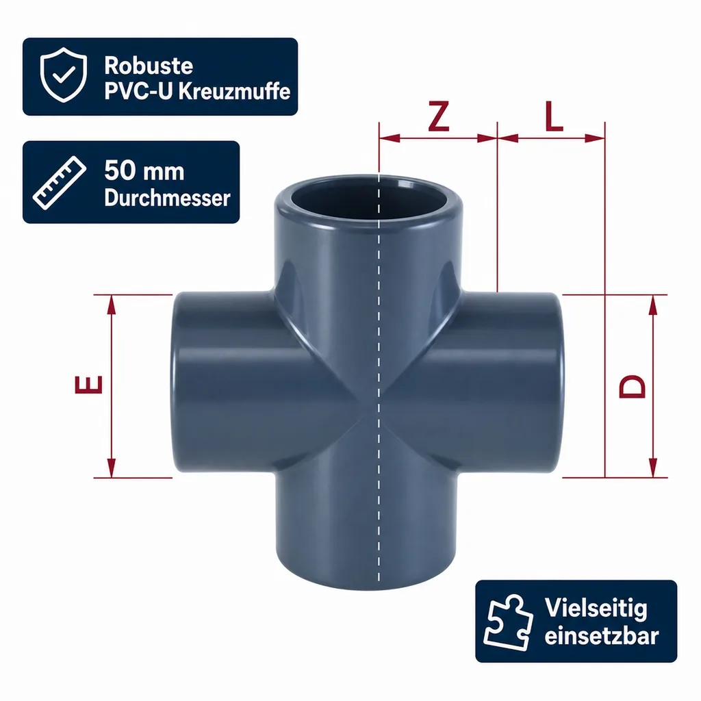 PVC Fittinge, PVC Kreuz Muffe 50mm PN16, Rohrverbinder