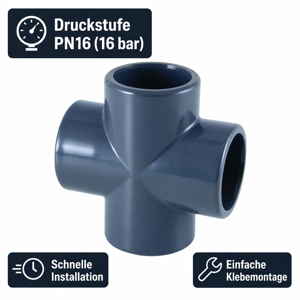 PVC Fittinge, PVC Kreuz Muffe 50mm PN16, Rohrverbinder