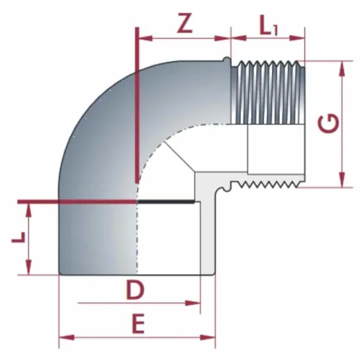 PVC Winkel 50mm, 90 Grad, PVC Fitting Muffe x AG, PN10