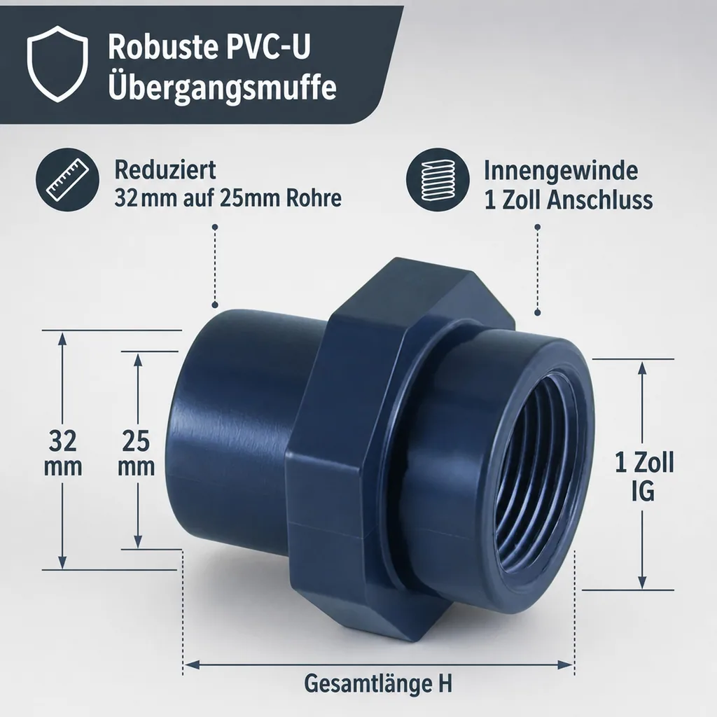 PVC Fittings, Übergangsmuffe PVC-U 32-25mm x 1 Zoll PN10