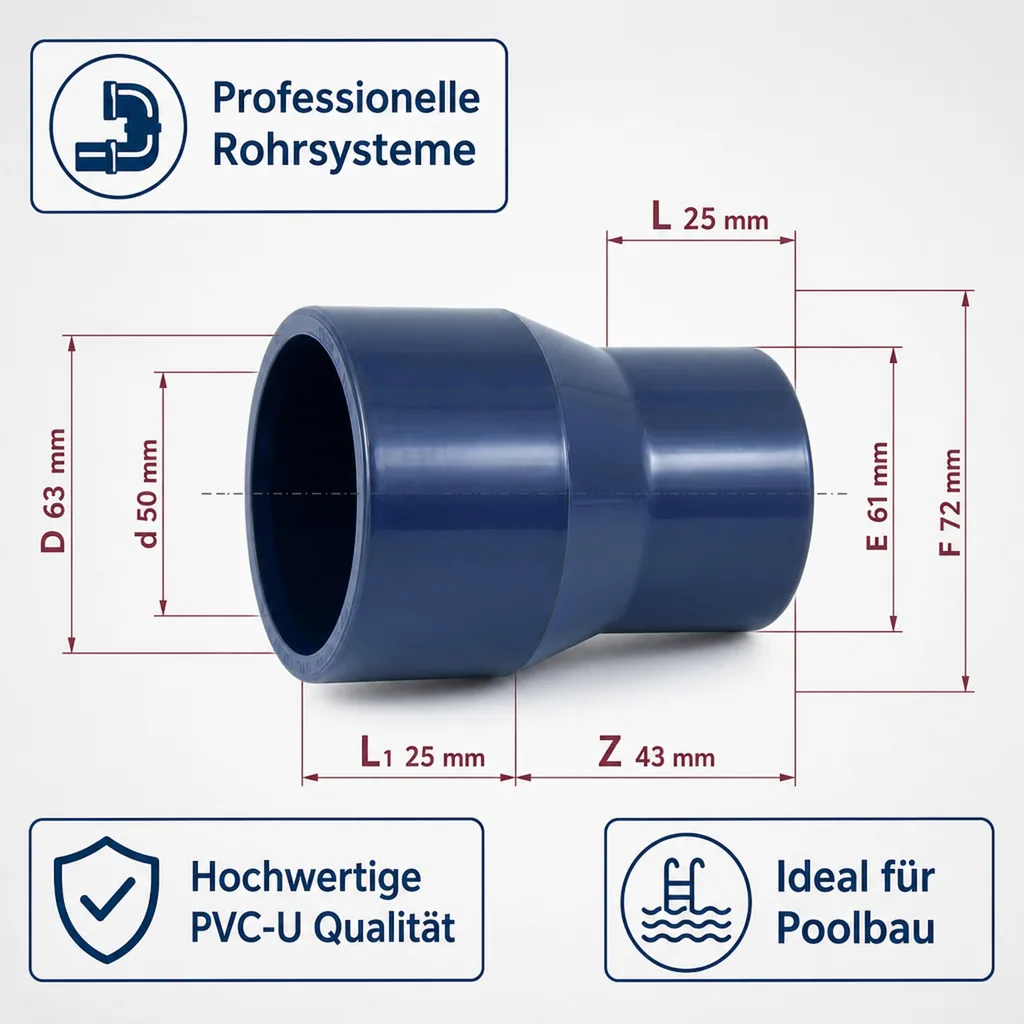 PVC Reduzierung 63-50mm x 25 mm PN16, PVC-U Reduzierstück lang