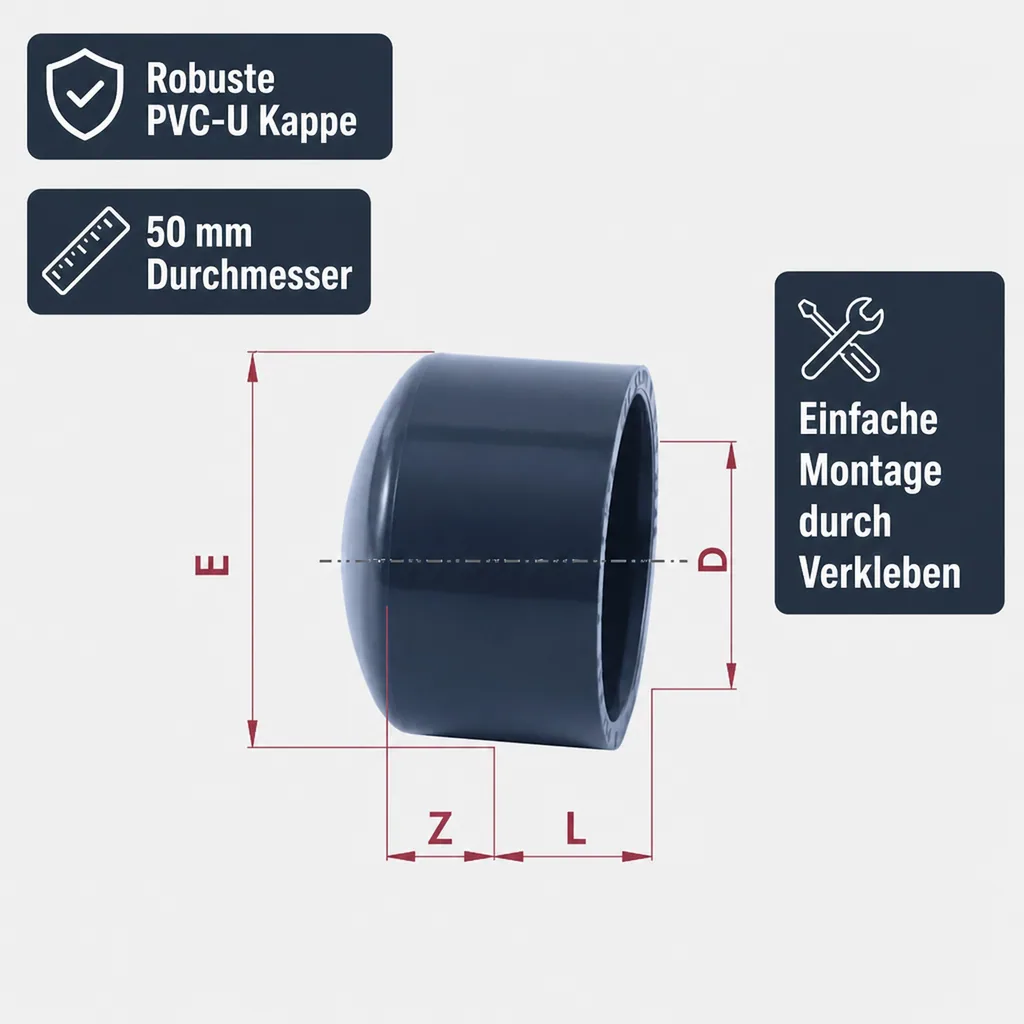 Klebemuffe 50mm, PVC-U Kappe, PVC Fitting, PN16