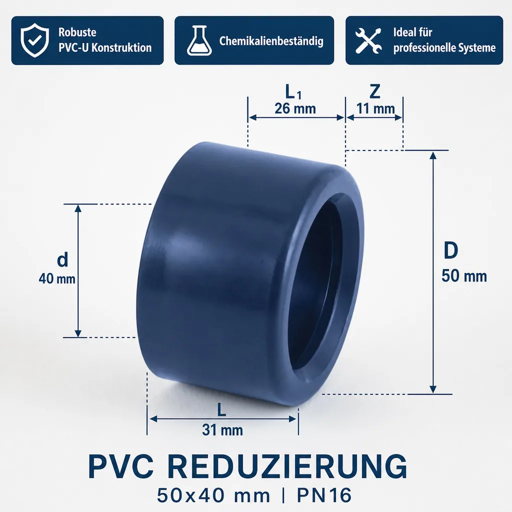 PVC Fitting Reduzierung 50x40 mm, kurz, PN16, PVC-U