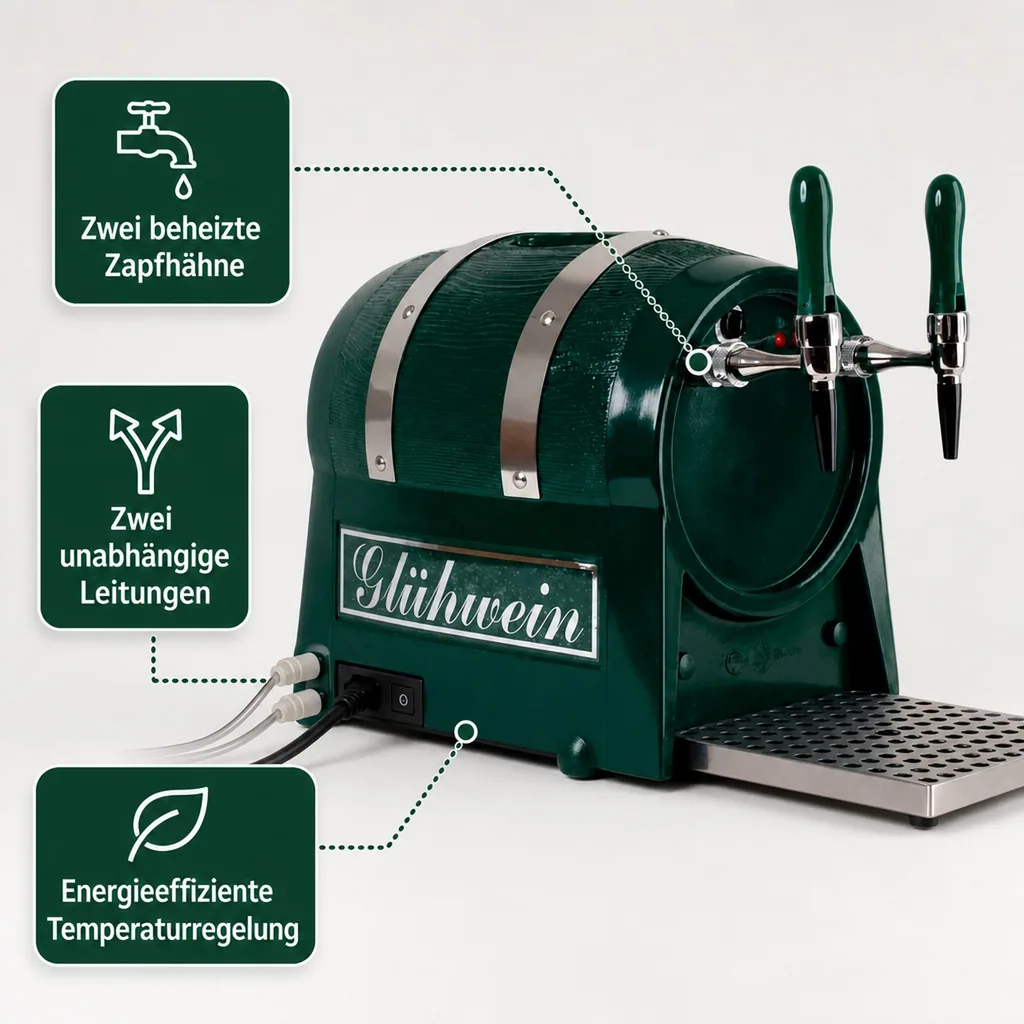 Glühweinautomat, Glühweinwärmer, Glühweinzapfanlage - Getränke-Durchlauferhitzer 3kW, Fassform, 2-leitig, mit elektrischer Pumpe