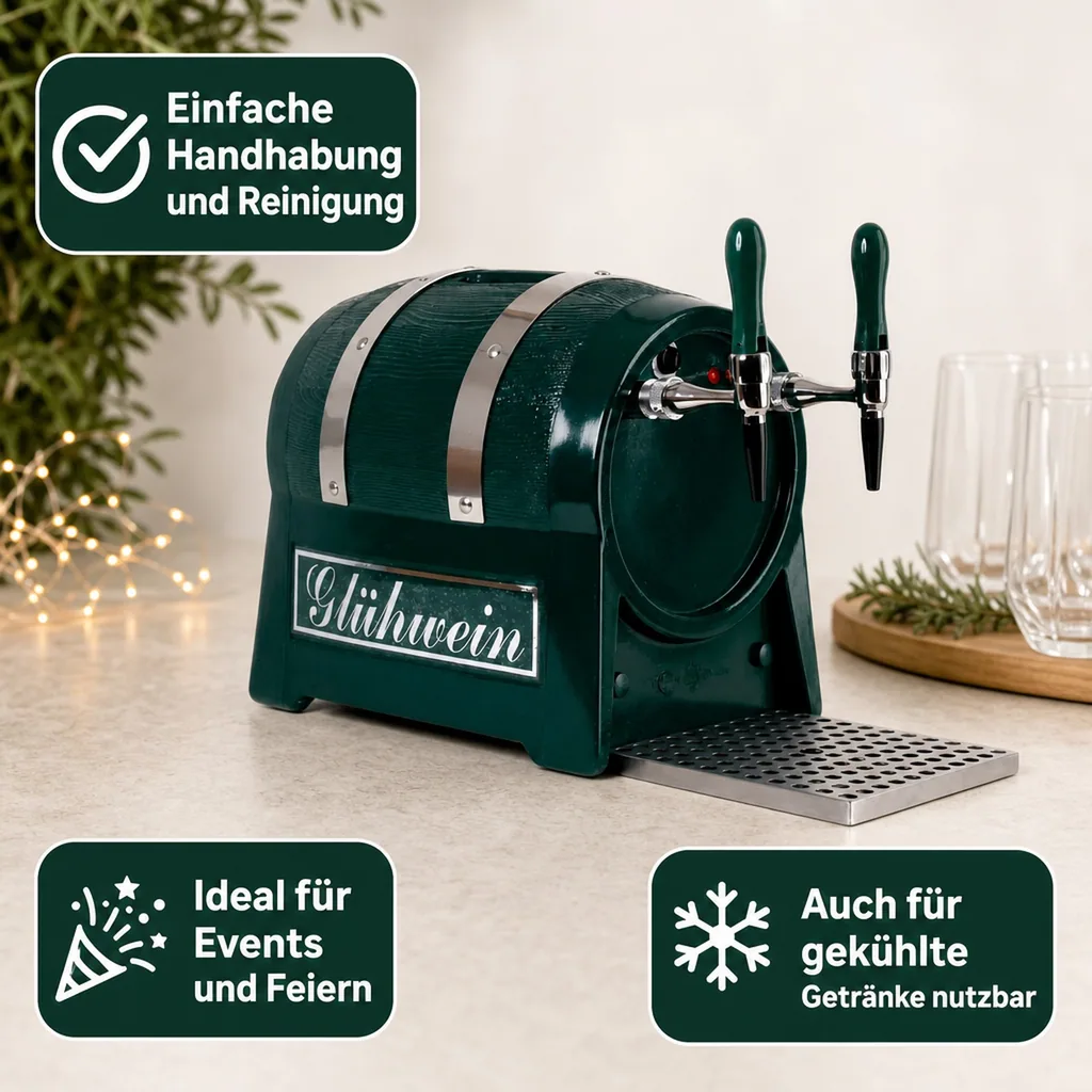Glühweinautomat, Glühweinwärmer, Glühweinzapfanlage - Getränke-Durchlauferhitzer 3kW, Fassform, 2-leitig, mit elektrischer Pumpe