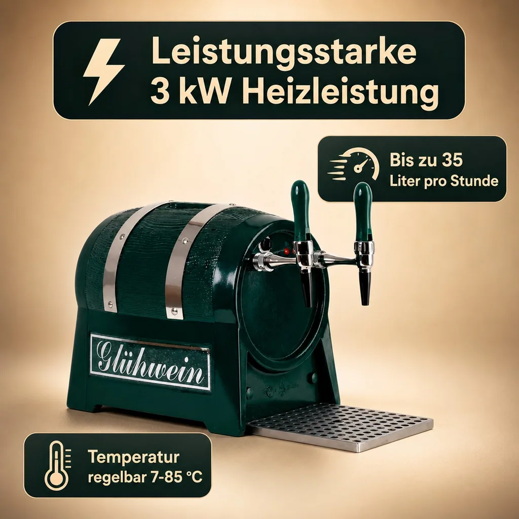 Glühweinautomat, Glühweinwärmer, Glühweinzapfanlage - Getränke-Durchlauferhitzer 3kW, Fassform, 2-leitig, mit elektrischer Pumpe