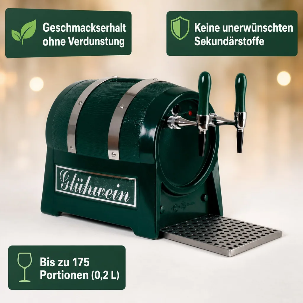 Glühweinautomat, Glühweinwärmer, Glühweinzapfanlage - Getränke-Durchlauferhitzer 3kW, Fassform, 2-leitig, mit elektrischer Pumpe