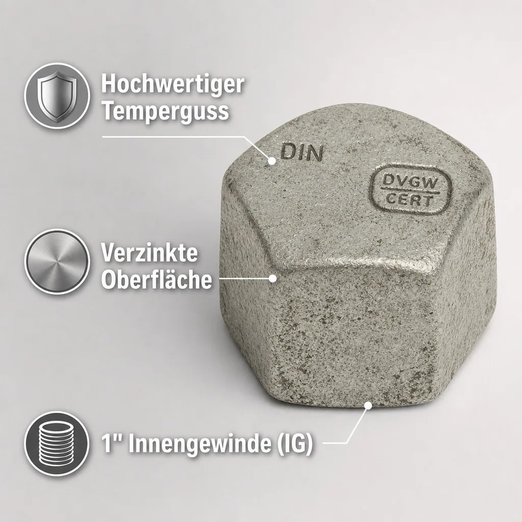 Gewindefitting Temperguss Kappe Hexagon 1" IG