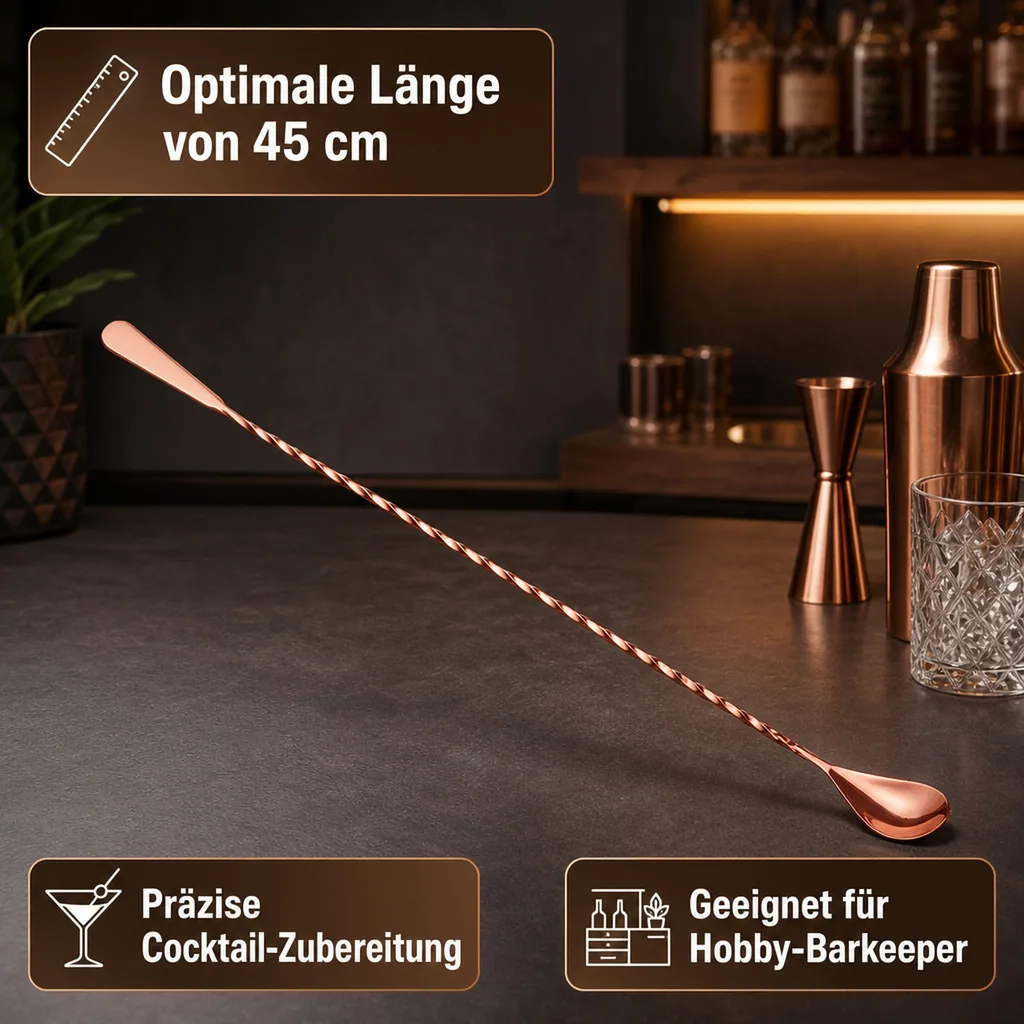 Barlöffel SPATULA mit Spatel Teardrop (45 cm) - Kupferfarbe | Für Cocktails & Longdrinks