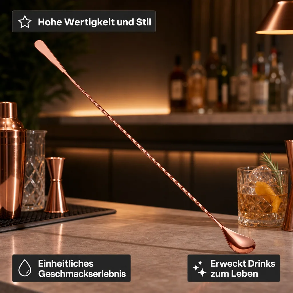 Barlöffel SPATULA mit Spatel Teardrop (45 cm) - Kupferfarbe | Für Cocktails & Longdrinks