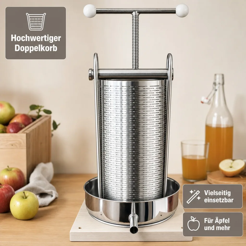 Obstpresse, Weinpresse, Apfelpresse - maxi, 5 l mit Edelstahl Doppelkorb