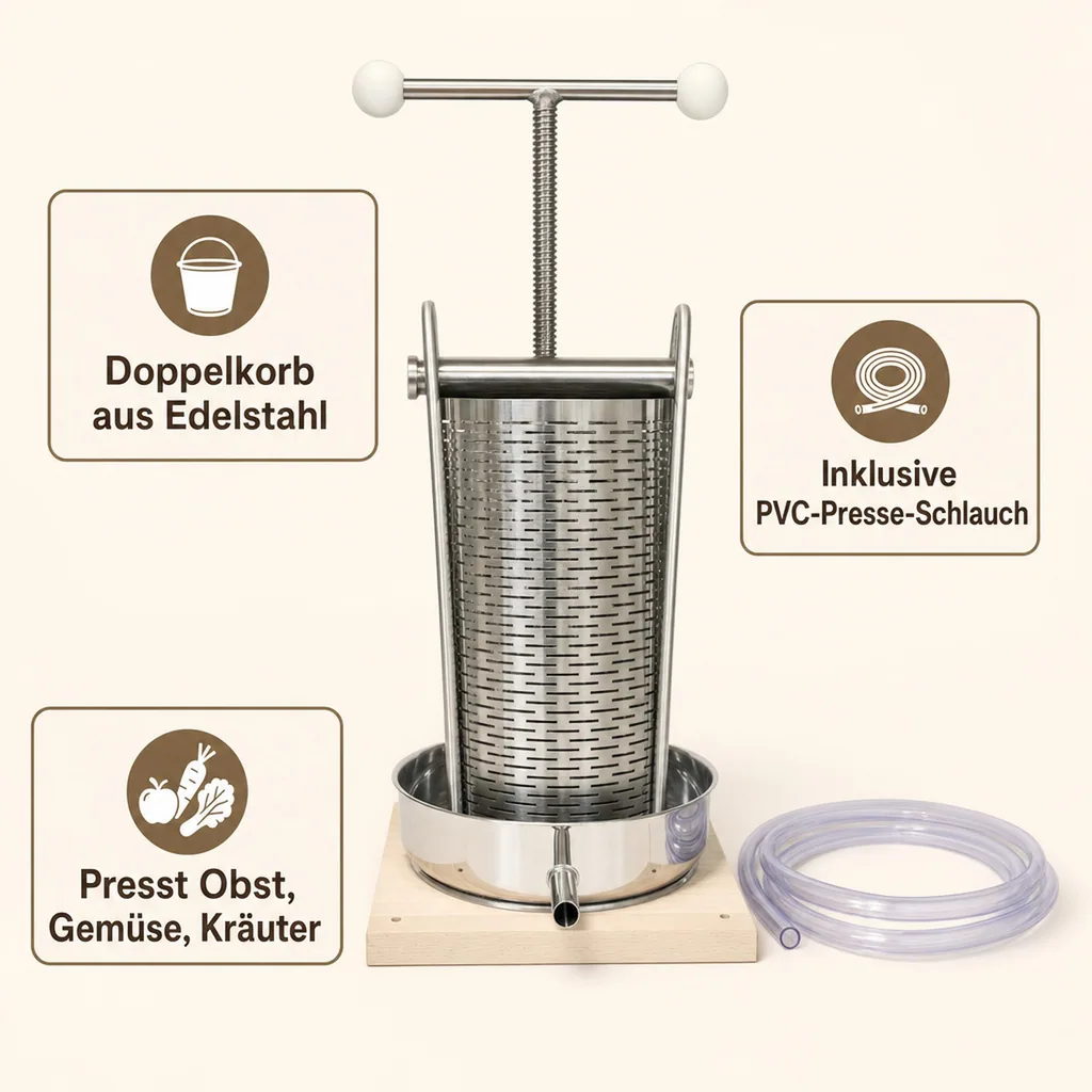 Obstpresse, Weinpresse, Apfelpresse - maxi, 5 l mit Edelstahl Doppelkorb