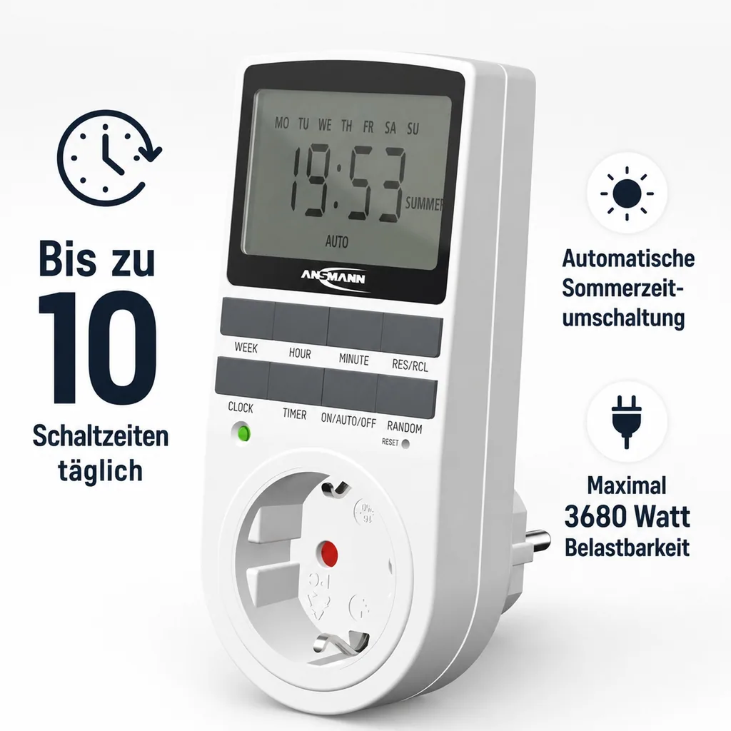 Digitale Wochen - Zeitschaltuhr mit 10 EIN- / AUS-Schaltmöglichkeiten pro Tag