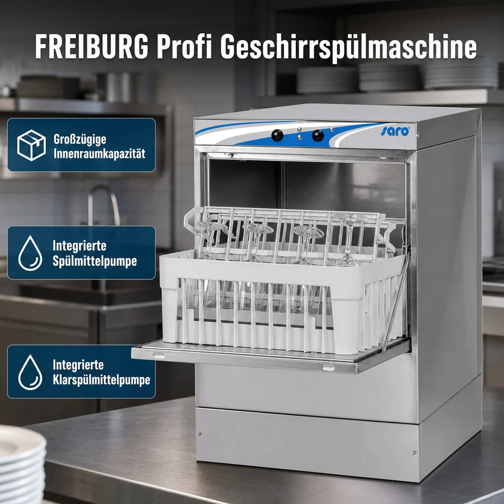 FREIBURG Profi Geschirrspülmaschine, Geschirrspüler - Edelstahl Spülmaschine für Gastronomie & Hotellerie